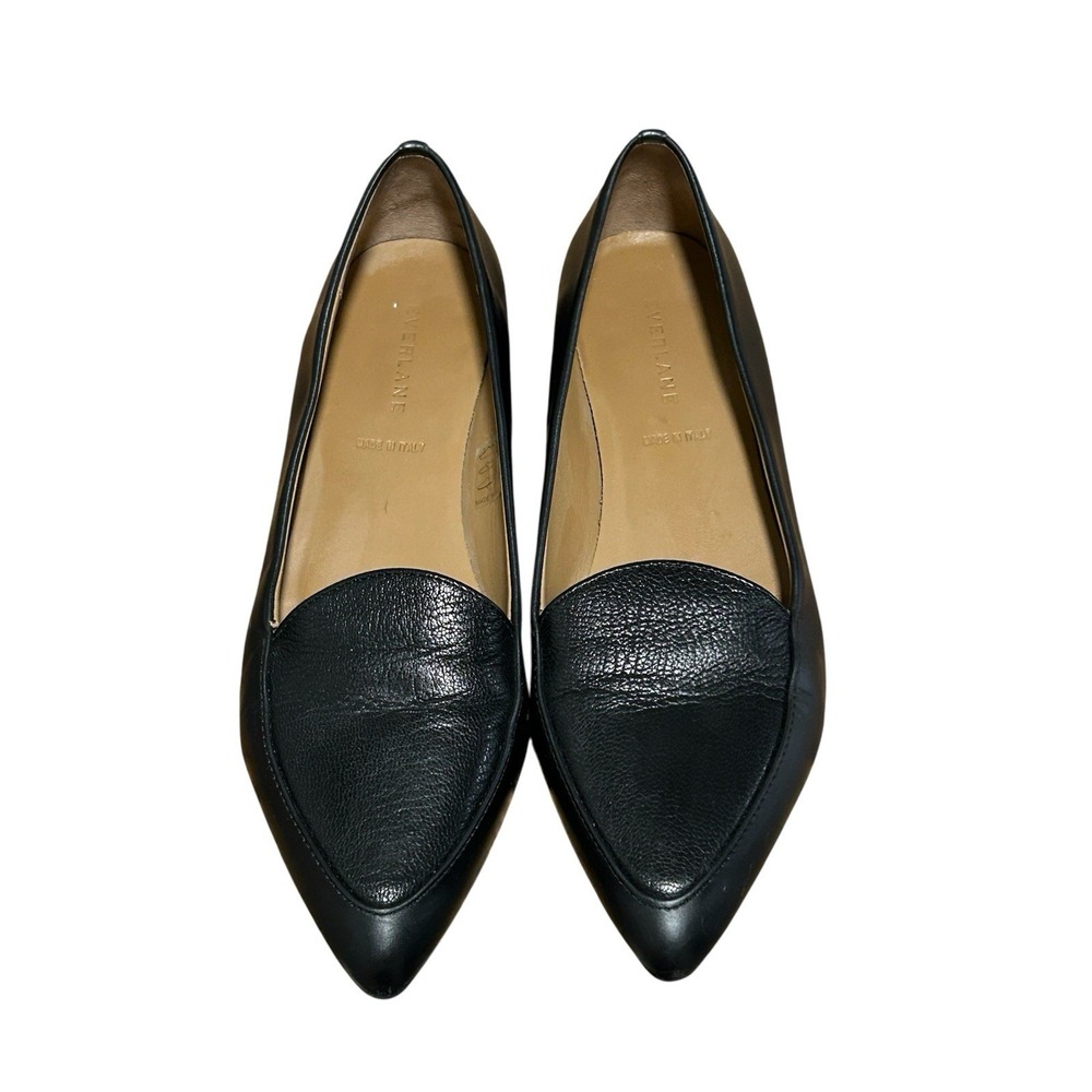 Black Pointed-Toe Leather Flats - Women's Slip-On Loafers - Picture 2 of 8
